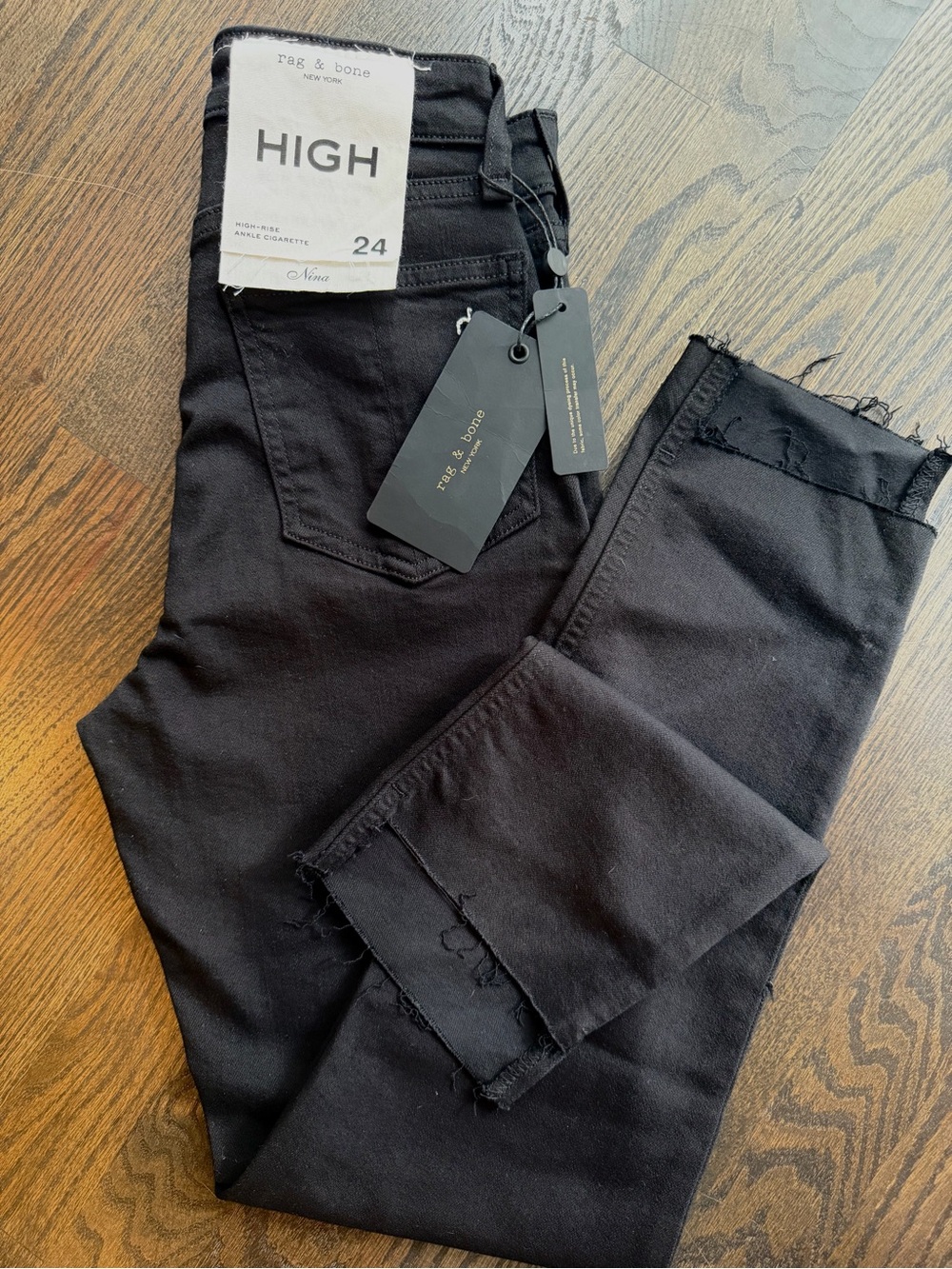 Rag & Bone Nina High Rise Ankle Cigarette Jeans Black Stretch Raw Hem 24 NWT